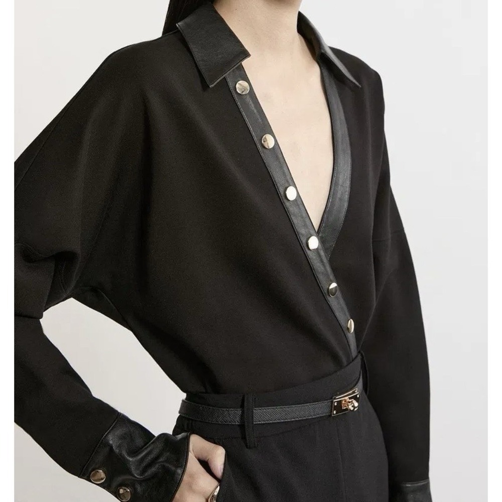Karen Millen Collared V Neck Ponte Black Bodysuit Gold Buttons Faux Leather Edgy
